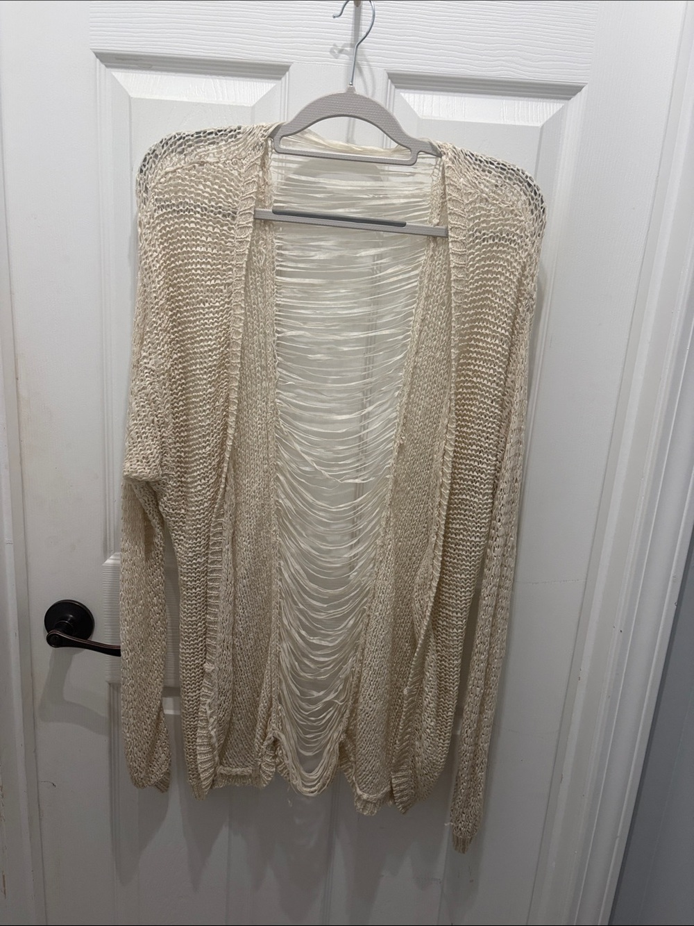 Daytrip Open-Front Cream Knit Cardigan with Fringe Back